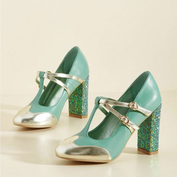 Mod Cloth Dancing Days by Banned seafoam green sparkle block strap heels - Picture 1 of 11